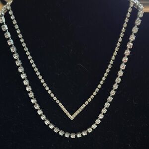 2 Vintage 14 inch Rhinestone Silver tone Necklace Set